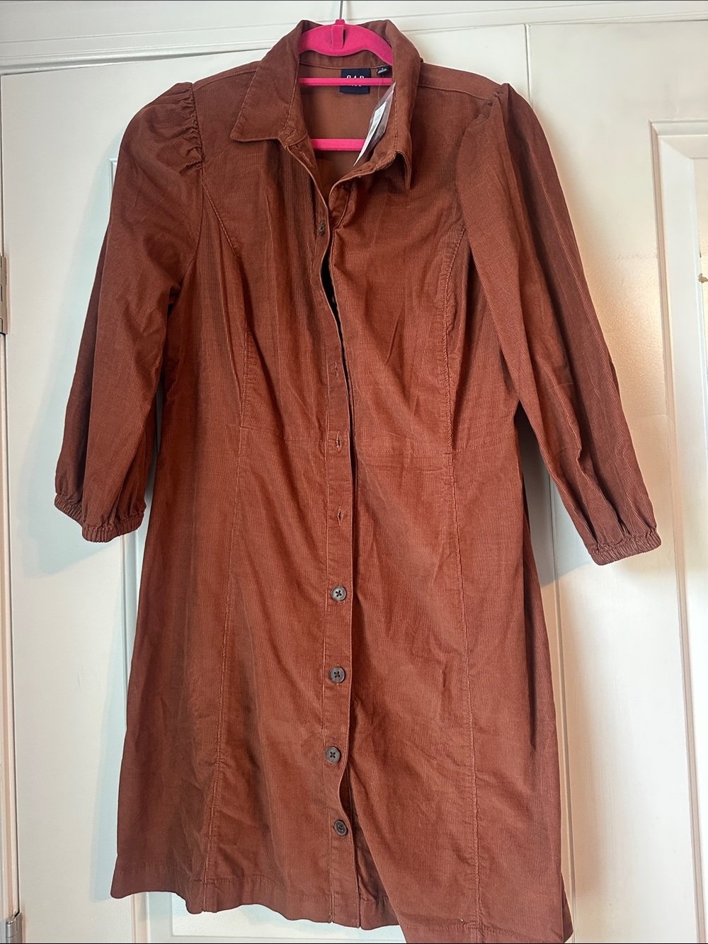 GAP Long Sleeve Button-Front Dress in Rust Brown